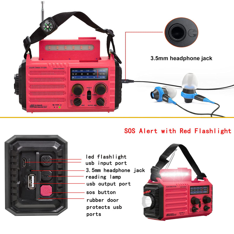 [Australia - AusPower] - Emergency Weather Radio Solar Hand Crank Battery Operated Portable AM FM Shortwave Radio with NOAA Alert, Flashlight, Reading Lamp, Cellphone Charger,Earphone Jack, SOS Alarm for Home Outdoor Survival Red 