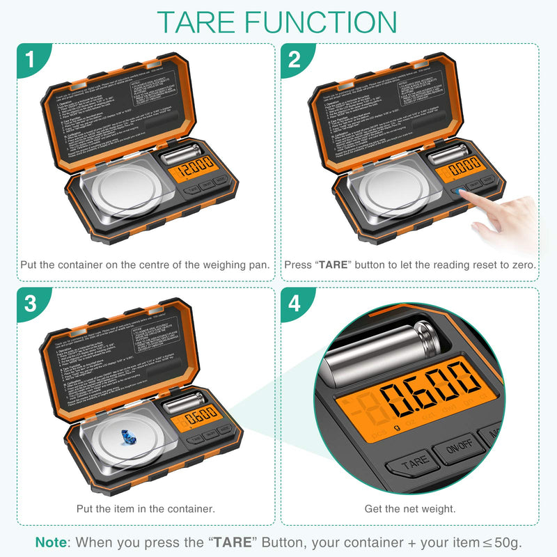 [Australia - AusPower] - ORIA Digital Pocket Scale, Digital Milligram Scale, 50g/ 0.001g Pocket Jewelry Scale with Tweezers, Calibration Weights, 6 Units, Backlit Display, Auto Off, Tare Function, (Battery Included), Orange 