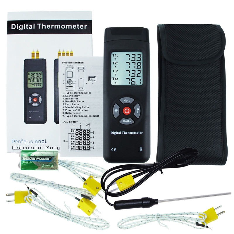 [Australia - AusPower] - Digital 4 Channels K Type Thermocouple Thermometer with Metal & Bead Probes, Handheld with Backlight, High Temp Meter Tester Multi Measurement Instrument Tool 