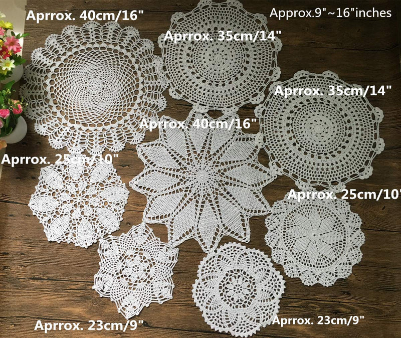 [Australia - AusPower] - MINDPLUS Set of 8 Hand Crochet Doilies Cotton Crocheted Lace Doilies 9-16 Inches Round White Vintage Wedding Decor 