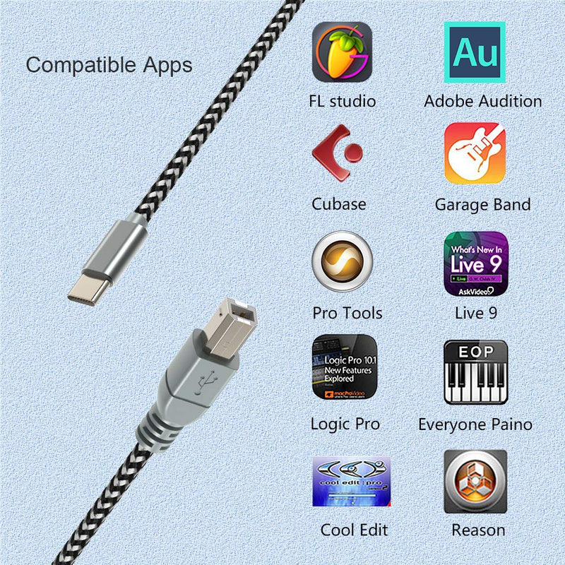 [Australia - AusPower] - MIDI Cable for iPad Pro,USB C to USB B MIDI OTG Cord Type C Printer Cable for MacBook/iPad Pro/Samsung/Google/Laptop,Work with Electronic Music Instrument/Piano/Midi Keyboard 6.6Ft Silver 