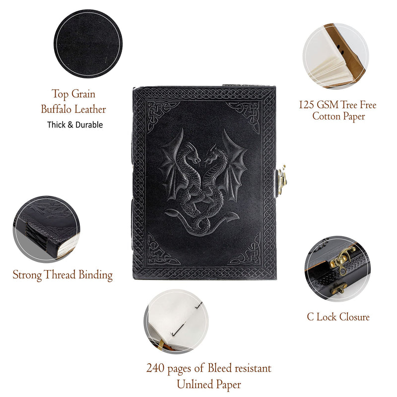 [Australia - AusPower] - Handmade Leather Double Dragon Journal/Writing Notebook Diary/Bound Daily Notepad for Men & Women Unlined Paper Medium, Writing pad Gift for Artist, Sketch (7 X 5, Black) 7 X 5 