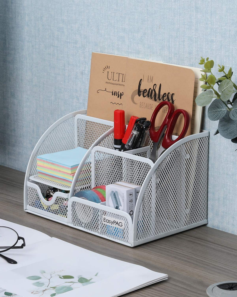 [Australia - AusPower] - EasyPAG Mesh Desk Organizer 6 Compartments with Drawer,White White 