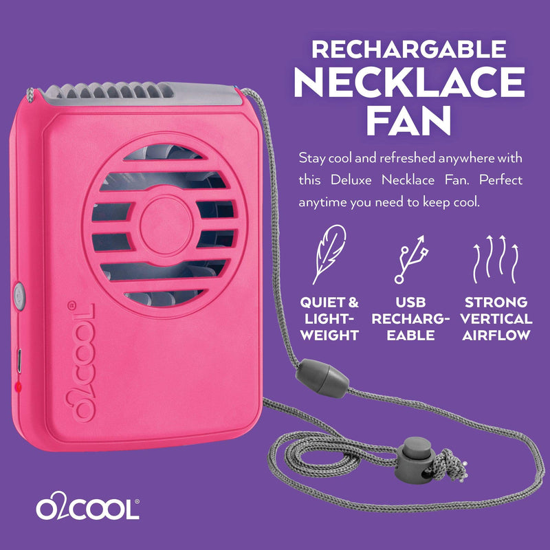 [Australia - AusPower] - O2COOL Rechargeable Necklace Fan - Portable Hanging Neck Fan with Adjustable Lanyard - 3 Speed Vertical Air Flow – Micro USB Charging Cable Included, 2 Pack (Raspberry) Raspberry 