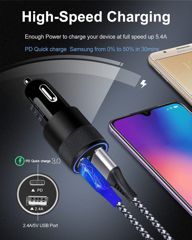 [Australia - AusPower] - 30W USB C Car Charger with Type C Cord, Dual Port PD3.0+2.4A Power Delivery USB Lighter Adapter for Samsung Galaxy S22 Ultra S22+ S21 S20 FE S10 A32 A22 A12, Auto mobile Phone Fast Charging USBC Cable 