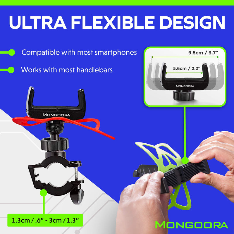 [Australia - AusPower] - Mongoora Bike & Motorcycle Phone and GPS Mount w/ 3 Bands (Black, Red, Green) Cell Phone Holder for Bicycle Handlebar Easy to Install Bike Accessories Fits iPhone 12 11 X 8 8 Plus, Galaxy S21 S20 S10 