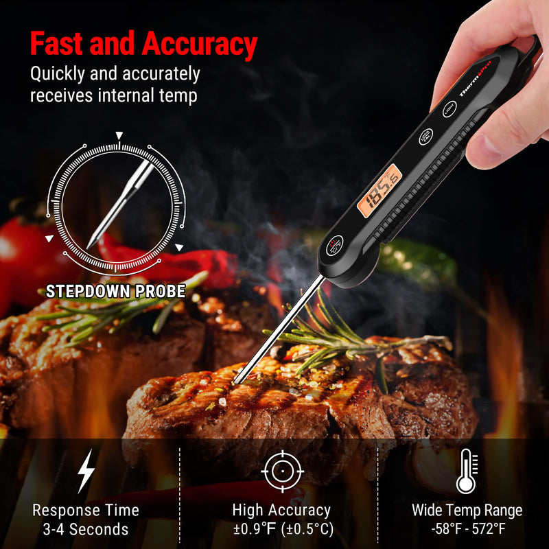 [Australia - AusPower] - ThermoPro TP03H Digital Instant Read Meat Thermometer for Grilling Waterproof Kitchen Food Thermometer with Calibration & Backlight Smoker Oil Fry Candy Thermometer Pitch black 