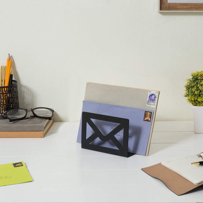 [Australia - AusPower] - MyGift Desk Mail Sorter Holder Modern Cutout Envelope Design Black Metal Home and Office Desktop Letter Organizer 