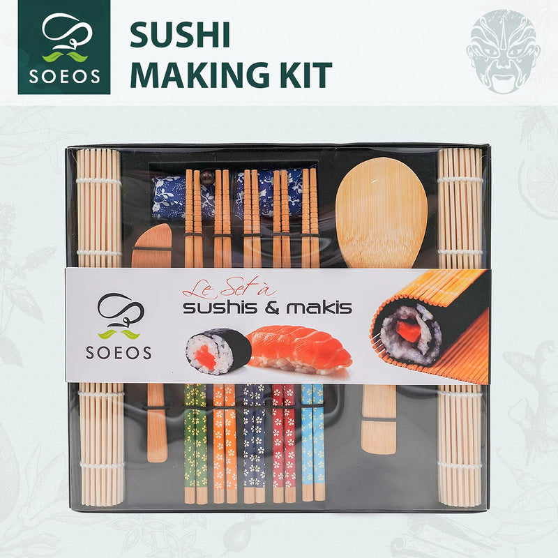 [Australia - AusPower] - Soeos Beginner Sushi Making Kit, 10 Piece Bamboo Sushi Kit with 2 Bamboo Rolling Mats, 5 Pairs Chopsticks, Paddle, and Spreader, All Natural, Sushi Making Kit Gift Set, Sushi Maker Kit, Sushi Maker. 