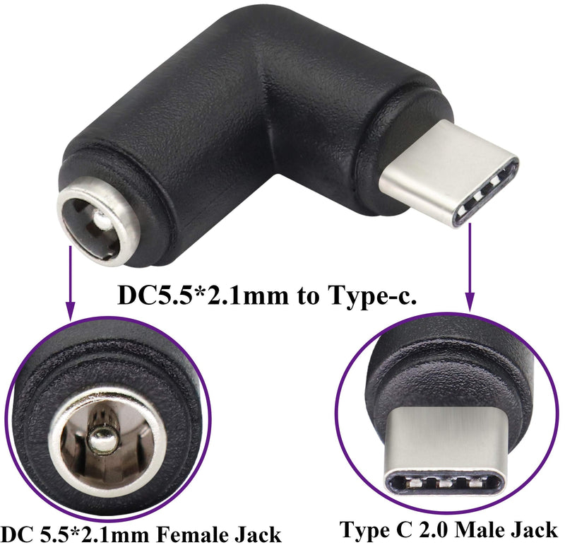 [Australia - AusPower] - AAOTOKK 90 Degree Type C USB Male to DC 5.5x2.1mm Female Connector DC Barrel Jack Power Adapter Type C USB 5V Connector for Type C USB Charging Device (2Pack/Type C) 