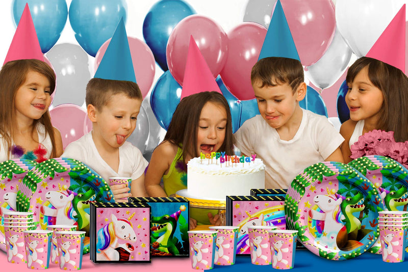 [Australia - AusPower] - Unicorns & Dinos Joint Birthday Party Supplies Set Plates Napkins Cups Tableware Kit for 16 