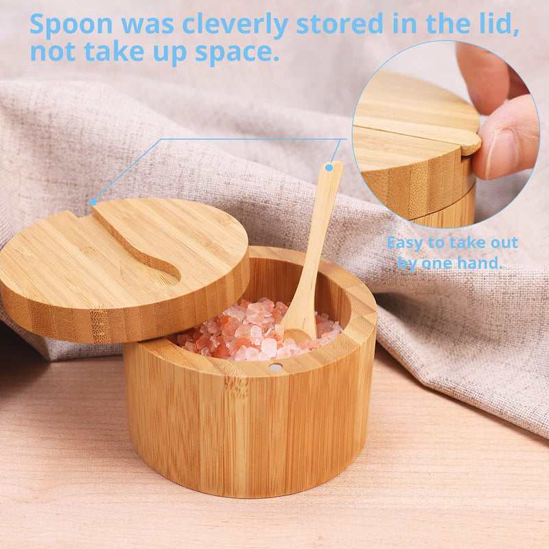 [Australia - AusPower] - Bamboo Salt Cellar with Mini Spoon by HTB, Kitchen Salt Box with Swivel Magnetic Closure Lid, Round Salt Container to Storage Pepper Spice Bath Salt Sea Salt 1pcs 