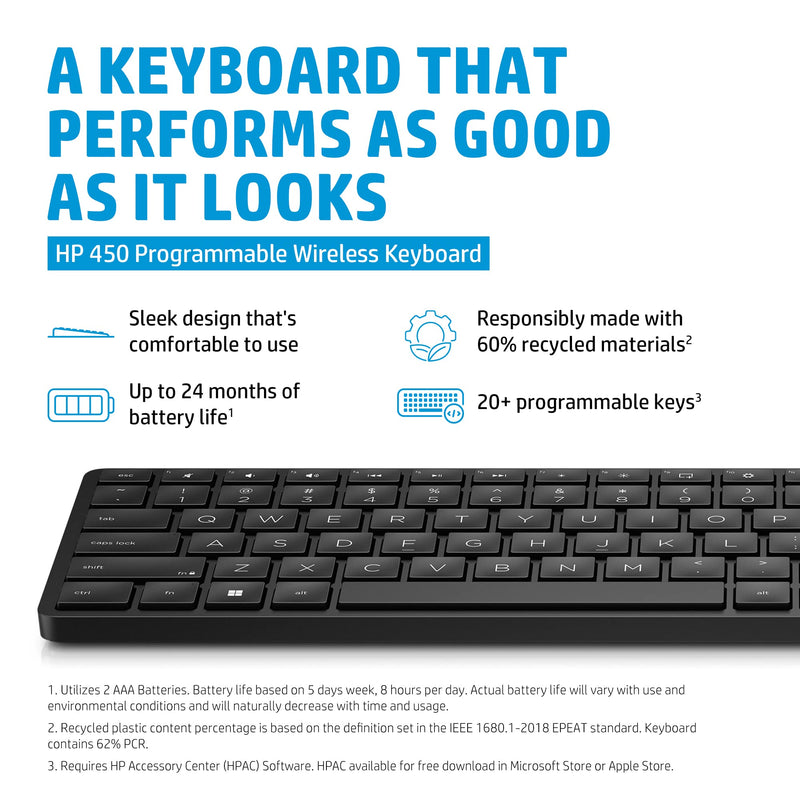 [Australia - AusPower] - HP 450 Wireless Programmable Keyboard Black - Slim, Full Size with Numpad, Wireless, USB Receiver, 20 programmable Keys, 4 LEDs, Laptop-Like Keys, 20-Months Battery, Low Power Indicator (4R184AA#ABL) 