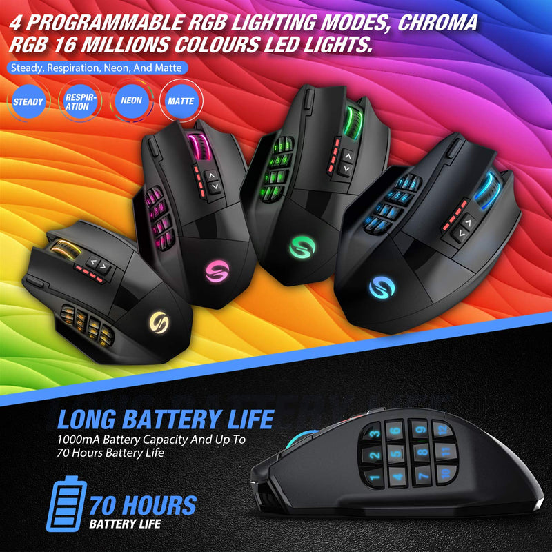 [Australia - AusPower] - UtechSmart Venus Pro RGB Wireless MMO Gaming Mouse, 16,000 DPI Optical Sensor, 2.4 GHz Transmission Technology, Ergonomic Design, 16M Chroma RGB Lighting, 16 programmable Buttons, Up to 70 Hours classic black 