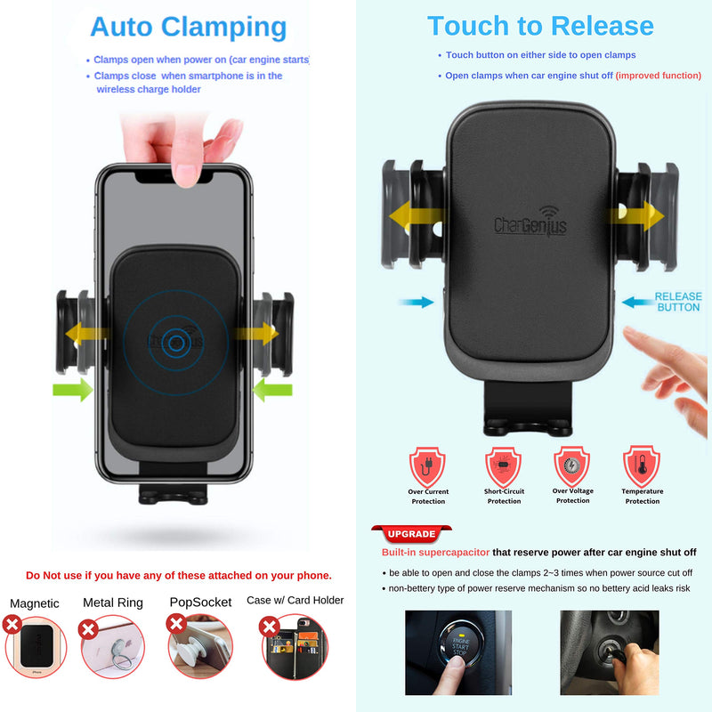 [Australia - AusPower] - CharGenius Wireless Car Charger Mount, 15W Qi Fast Charging Auto Clamping Phone Holder, Dash Windshield Air Vent CD Mount for iPhone 12/11/XS/XR/X/8, Samsung Galaxy S20 S10 S9+ S9 S8+, Android Phone 