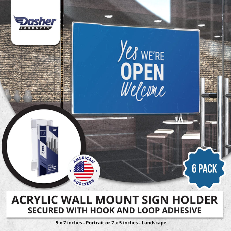 [Australia - AusPower] - Wall Mount Acrylic Sign Holder - 5 x 7 Inches Portrait or 7 x 5 Inches Landscape Photo Frames with Hook and Loop Adhesive. Perfect for Signs, Menus, Documents, Pictures, Flyers, and More (6 Pack) 