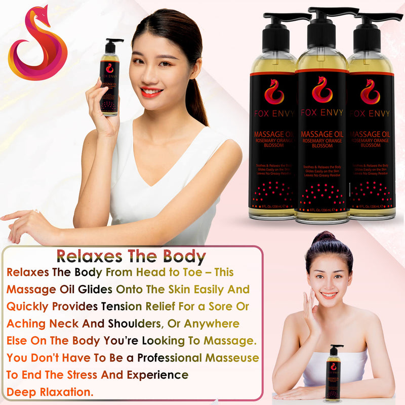 [Australia - AusPower] - Massage Oil for Couples, Women & Men (1 Bottle, 8 fl oz) - Fox Envy Massage Oil with Coconut Oil & Jojoba Oil - Orange Blossom with Rosemary 