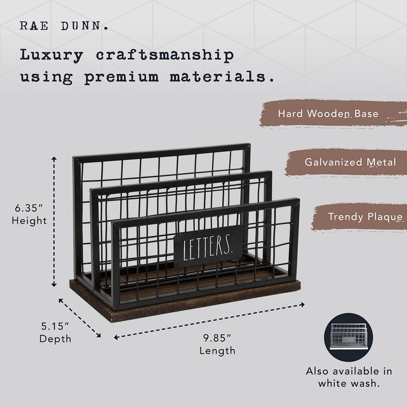 [Australia - AusPower] - Rae Dunn Desktop Letter Holder – 2 Compartment Mail and Stationary Table Top Organizer – Chic and Stylish Galvanized Steel and Solid Wood - “Letters” Print - for Home and Office Dark Stain 