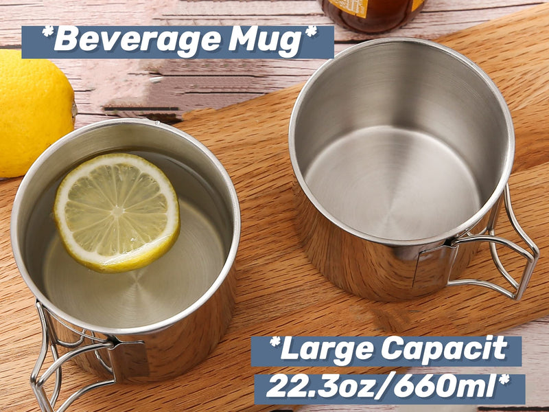 [Australia - AusPower] - Stainless Steel Camping Mugs Outdoors Cup with Foldable Handle 2 Piece Set 660ml/22.3oz Great for Backpacking , Hiking, Hunting, Fishing and Survival Adventure 