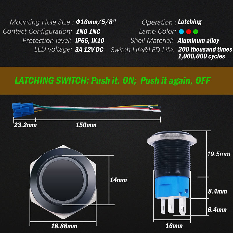 [Australia - AusPower] - mxuteuk 16mm Latching Push Button Switch 1 NO 1 NC SPDT ON/Off Switch Black Metal Shell with 12v Blue LED Ring with Wire Socket Plug Suitable for 5/8“ Mounting Hole L-16-O-B-BU 