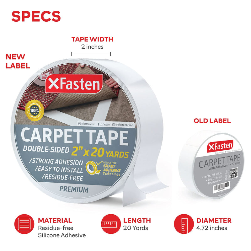 [Australia - AusPower] - XFasten Double Sided Tape Carpet Tape for Area Rugs and Carpets, Removable, 2 Inches x 20 Yards (Single Roll) Super Strong and Heavy-Duty Rug Tape for Carpet to Floor and Rug to Carpet Applications 1 