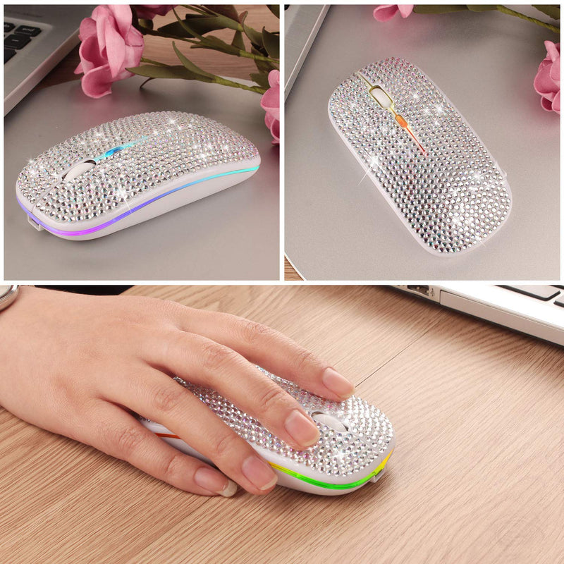 [Australia - AusPower] - Attoe Bluetooth Mouse,Bling Dazzling 2.4GHz Rechargeable Wireless Mouse Slim Mouse with USB Receiver,Compatible with Notebook,PC,Laptop,Computer,MacBook,Great Gift idea for Her (White) White 
