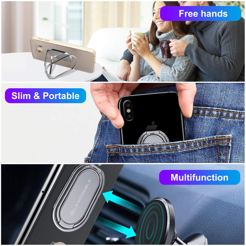 [Australia - AusPower] - Foldable Cell Phone Stand for Desk, Adjustable Cellphone Ring Holder Finger Kickstand for Office Desktop & Magnetic Car Mount, Rotatable Multi-Angle Hand Grip for iPhone 13 and Smartphones Back Case Silver 