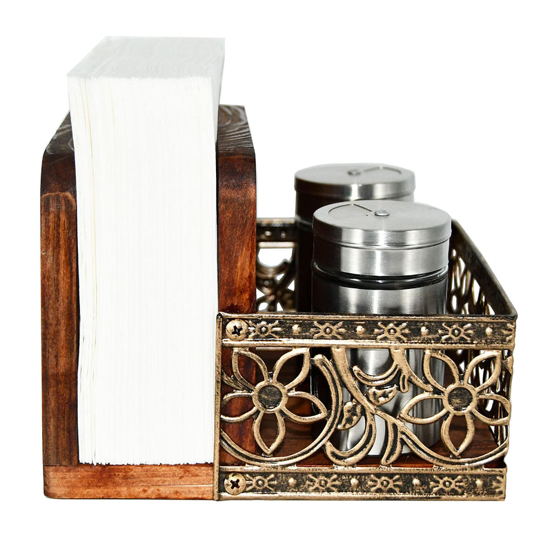 [Australia - AusPower] - Owlgift Two-in-one Rustic Brown Wood Condiment Tabletop Serving Caddy with Napkin Holder, Metal & Wooden Napkin Holder, Freestanding Salt & Pepper Napkin Holder, Malfunction Salt Pepper Storage Holder Brown & Bronze 