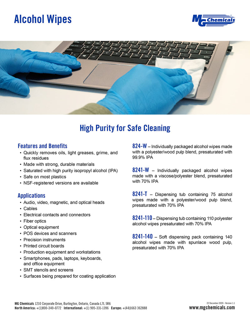 [Australia - AusPower] - MG Chemicals 99.9% Isopropyl Alcohol Wipe, 6" Length x 5" Width (Bag of 25) (824-WX25) 