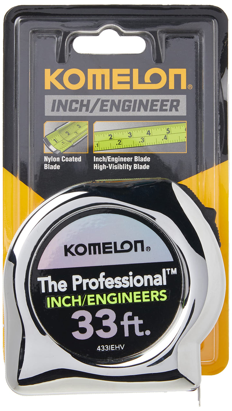 [Australia - AusPower] - Komelon 433IEHV High-Visibility Professional Tape Measure both Inch and Engineer Scale Printed 33-feet by 1-Inch, Chrome 