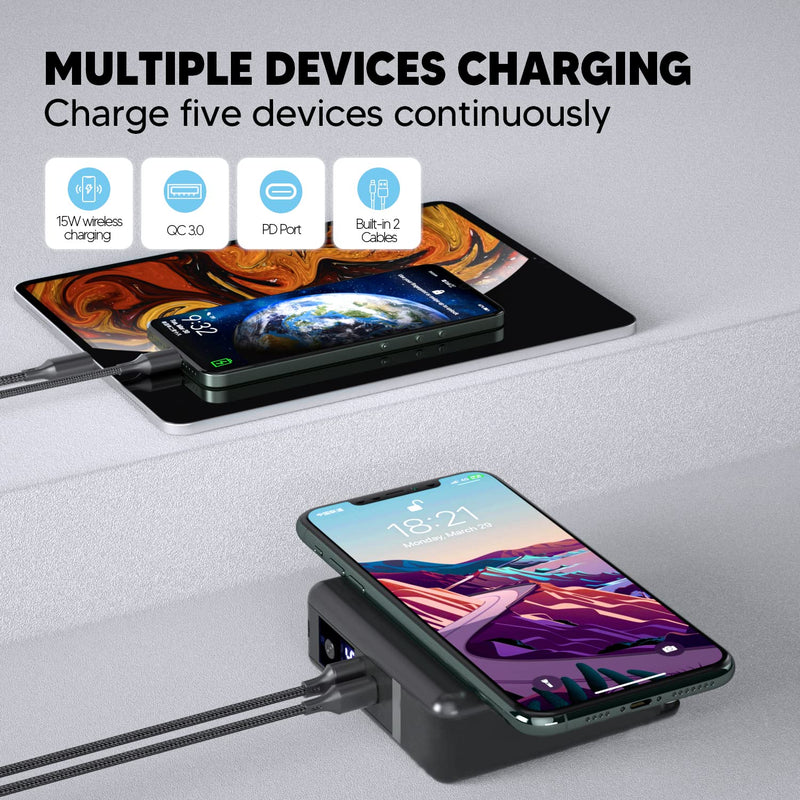 [Australia - AusPower] - Portable Wireless Charger, TTWEN 10000mAh Phone Fast Charger 18W PD QC3.0 Power Bank Battery Charger 5 Output 2 Input Battery Pack with Built-in Wall Plug, Compatible for iOS Samsung (Black) Black without Cable 