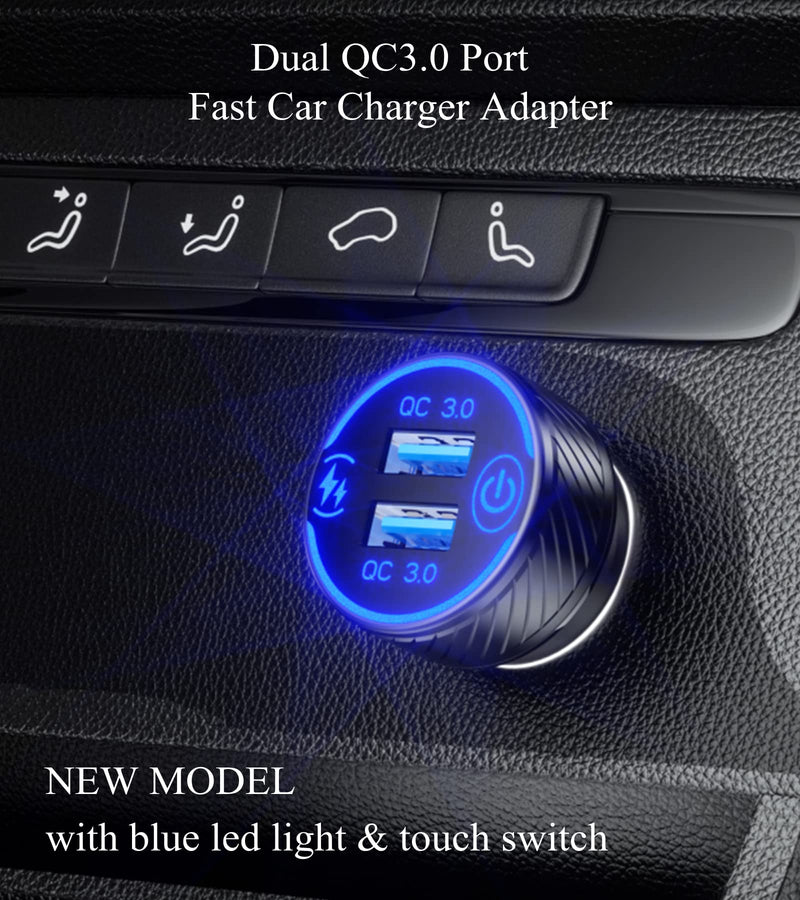 [Australia - AusPower] - BRCOVAN Car Charger, 36W 3A Fast Charge Car Charger Adapter, Dual QC3.0 Port USB Car Phone Charger with Touch Switch & Blue LED 