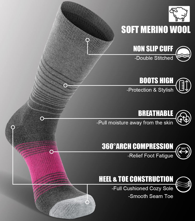[Australia - AusPower] - Fitrell 4 Pack Women's Merino Wool Hiking Socks Cushioned Warm Winter Thermal Walking Crew Boot Socks Black*2 + Rose Red*2 Small 