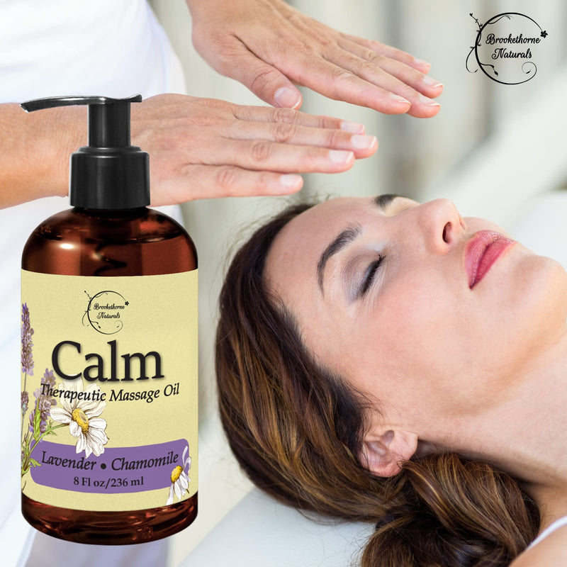 [Australia - AusPower] - Calm Massage Oil with Lavender & Chamomile Essential Oils to Relax Sore Muscles - for Massage Therapy & Home use – with Coconut, Grapeseed & Jojoba Oils for Smooth Skin– Brookethorne Naturals - 8oz 