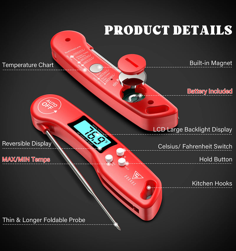 [Australia - AusPower] - DOQAUS Digital Meat Thermometer, Instant Read Food Thermometer for Cooking, Kitchen Thermometer Probe with Backlit & Reversible Display, Cooking Thermometer Temperature for Turkey Grill BBQ Candy Light Red 