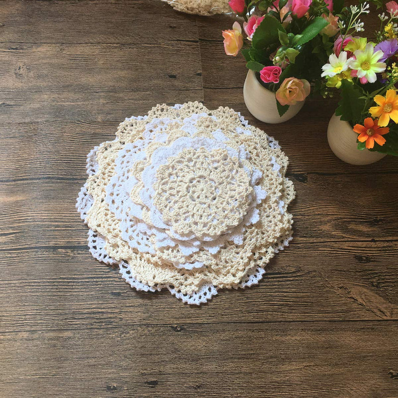 [Australia - AusPower] - MINDPLUS Set of 14 Hand Crochet Doilies Cotton Crocheted Lace Doilies 4-10 Inches Round White Beige Vintage Wedding Tea Party 