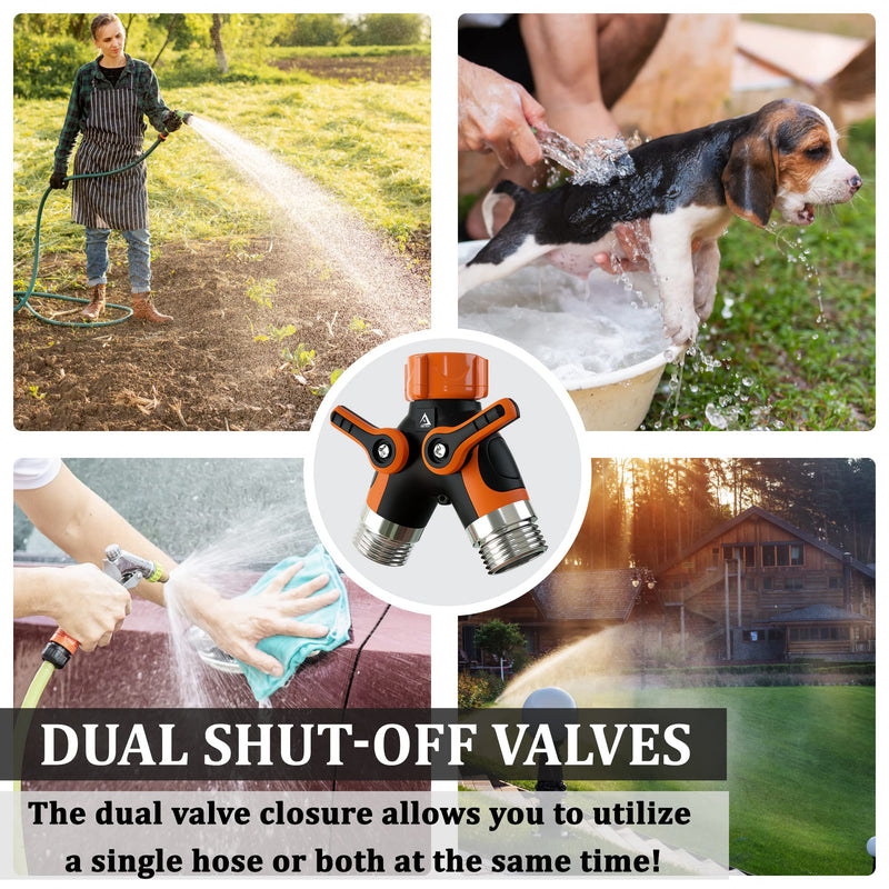 [Australia - AusPower] - Hose Splitter 2 Way, Heavy Duty Metal Connector, Two Way Garden Hose Splitter, High Flow Spigot Faucet Bib Adapter, Lead Free Solid Double Y Shut Off Valve for Outdoor Gardening Hoses, Orange 