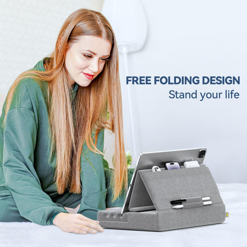 [Australia - AusPower] - KDD Tablet Pillow Holder, Foldable iPad Stand for Lap, Bed and Desk -Tablet Soft Pad Dock with Pocket & Stylus Mount Compatible with iPad Pro 12.9, 10.5, 9.7 Air Mini 6 5 4 3, Kindle, E-Reader, Gray 