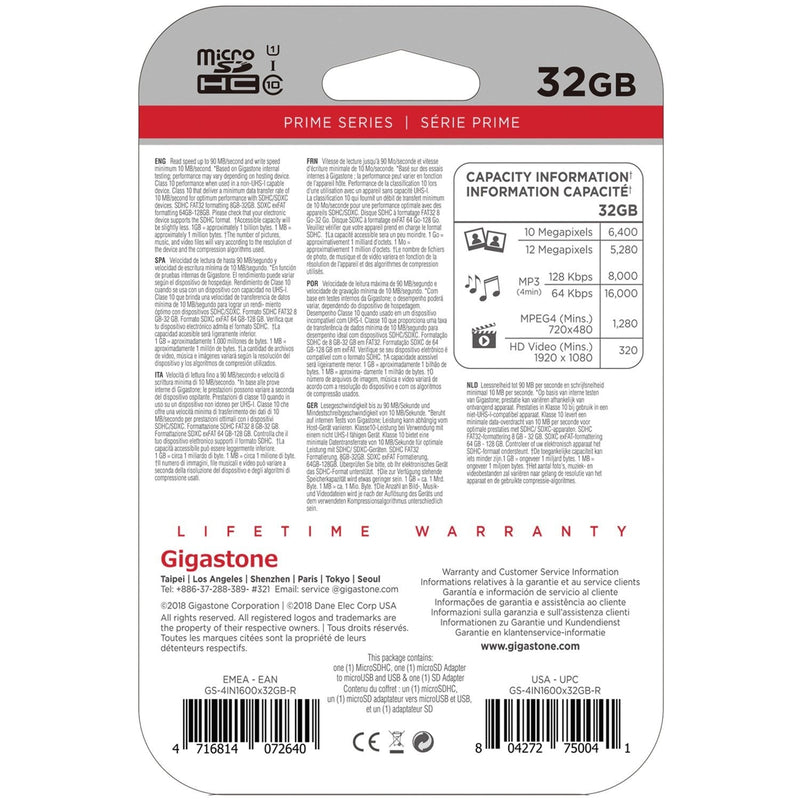 [Australia - AusPower] - Gigastone GS-4IN1600X32GB-R Prime Series microSD Card 4-in-1 Kit (32GB), Multicolored 