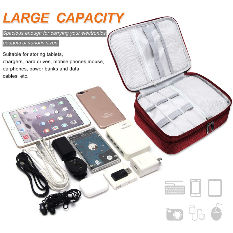 [Australia - AusPower] - Electronic Bag Travel Cable Accessories Bag Waterproof Double Layer Large Electronics Organizer Portable Storage Case for Cable, Cord, Charger, Phone, Adapter, Power Bank, Kindle, Hard Drives Wine Red 