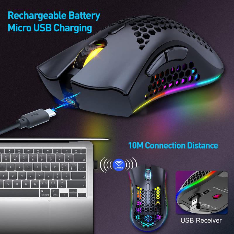 [Australia - AusPower] - Lightweight Wireless Gaming Mouse, 2.4G Wireless Rechargeable Computer Mouse with Honeycomb Shell, 7 Buttons, Adjustable DPI, USB Receiver, Ergonomic RGB Gamer Mice for PC Mac Gamer(Black) black 