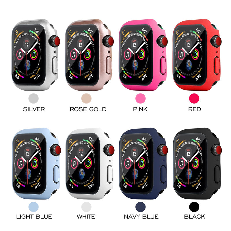 [Australia - AusPower] - RIDAINTY 8 Pack Screen Protector Case for Apple Watch 44mm Series 6 5 4 SE Ultra Slim Hard Case with Tempered Glass Bumper iWatch Protective Cover Smartwatch Accessories for Women Men Black/White/Silver/Rose Gold/Rose Red/Red/Light Blue/Navy Blue 