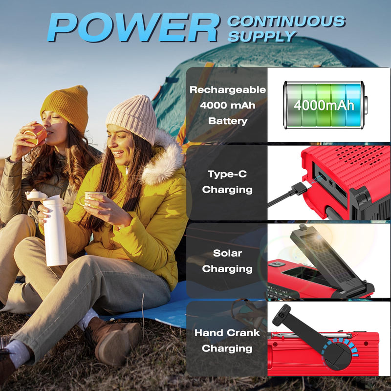 [Australia - AusPower] - 【2023 Newest】 NOAA Emergency Weather Radio, 4000mAh Weather Alert Radio Solar Charging, Hand Crank & USB Charged, AM/FM Radio with LED Flashlight, Reading Lamp, SOS Alarm, Headphone Jack for Outdoor Red 