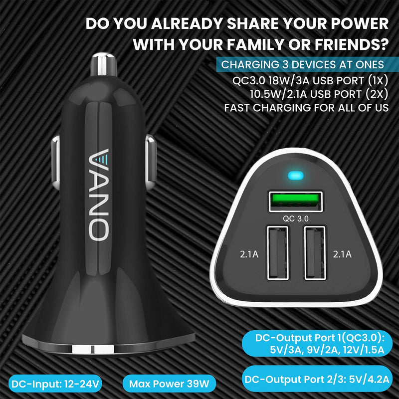 [Australia - AusPower] - Vano Fast 3 Port USB Car Charger with Qualcomm Quick Charge 3.0 - Cigarette Lighter Socket Adapter to Recharge Any USB Device - Compatible with Samsung Galaxy, iPhone and More 