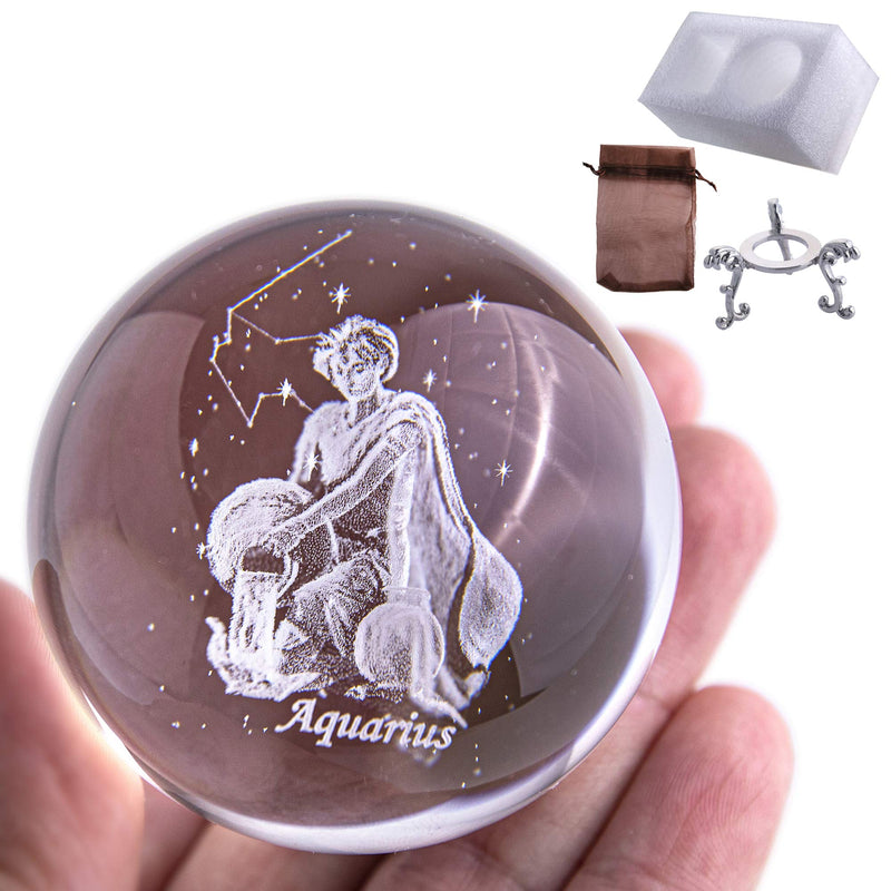 [Australia - AusPower] - 3D Laser Constellation Crystal Ball 60mm Crystal Paperweight Full Sphere Glass Fengshui With Sliver-Plated Flowering Stand(Aquarius) Aquarius 