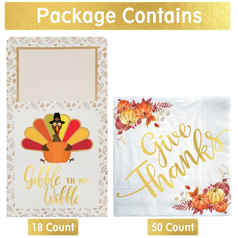 [Australia - AusPower] - Thanksgiving Napkins, 50 Count Gold Foil Napkins Paper w 18 Count Cutlery Holders, Give Thanks Decorations for Autumn Leaves Fall Harvest Wedding Table Disposable Centerpiece Decor 
