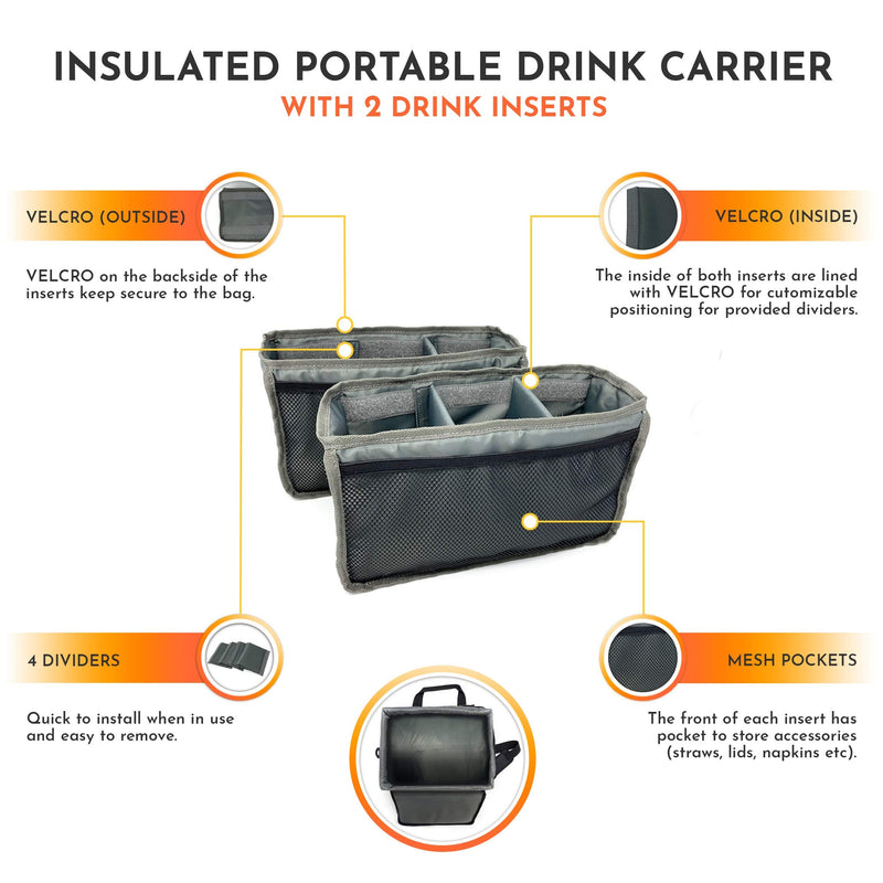 [Australia - AusPower] - Drink Caddy Insulated Portable Drink Carrier Reusable Coffee Cup Holder with Shoulder Strap for Food Delivery and Takeout Easily Secures 6 Hot or Cold Beverages with Adjustable Height Zipper Closure 