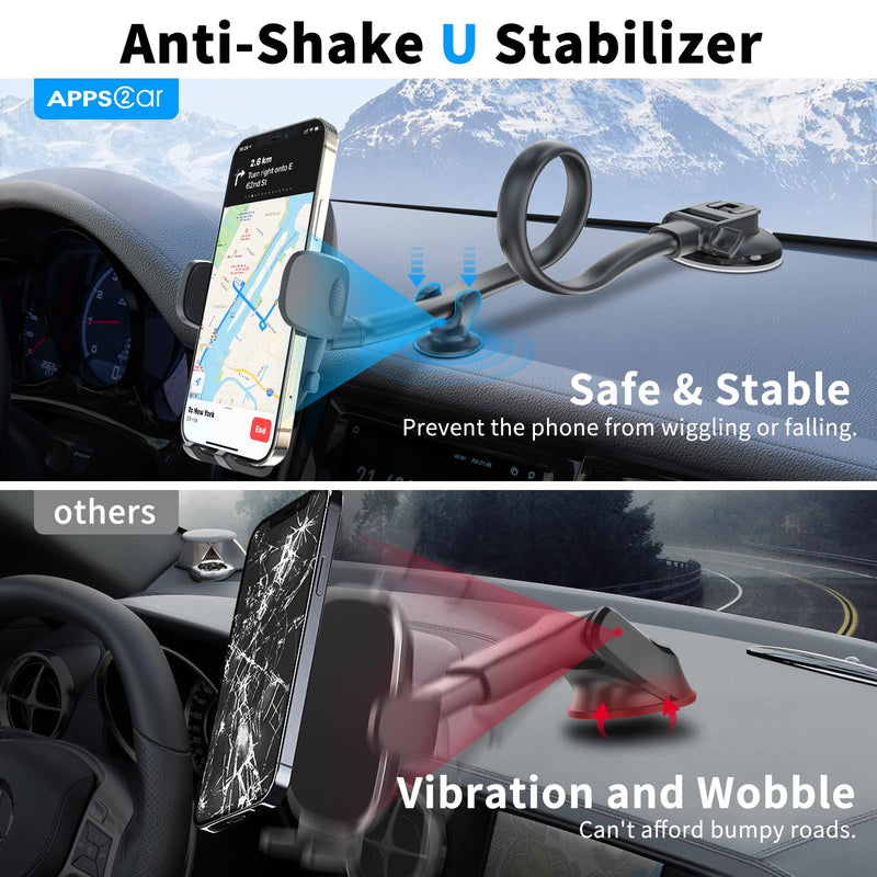 [Australia - AusPower] - APPS2Car Gooseneck Car Phone Holder, Phone Mount for Car Dashboard, Phone Windshield Mount with Suction Cup & Anti-Shake Stabilizer, Compatible with iPhone 13/12 Pro Pro Max Mini, Samsung & More 