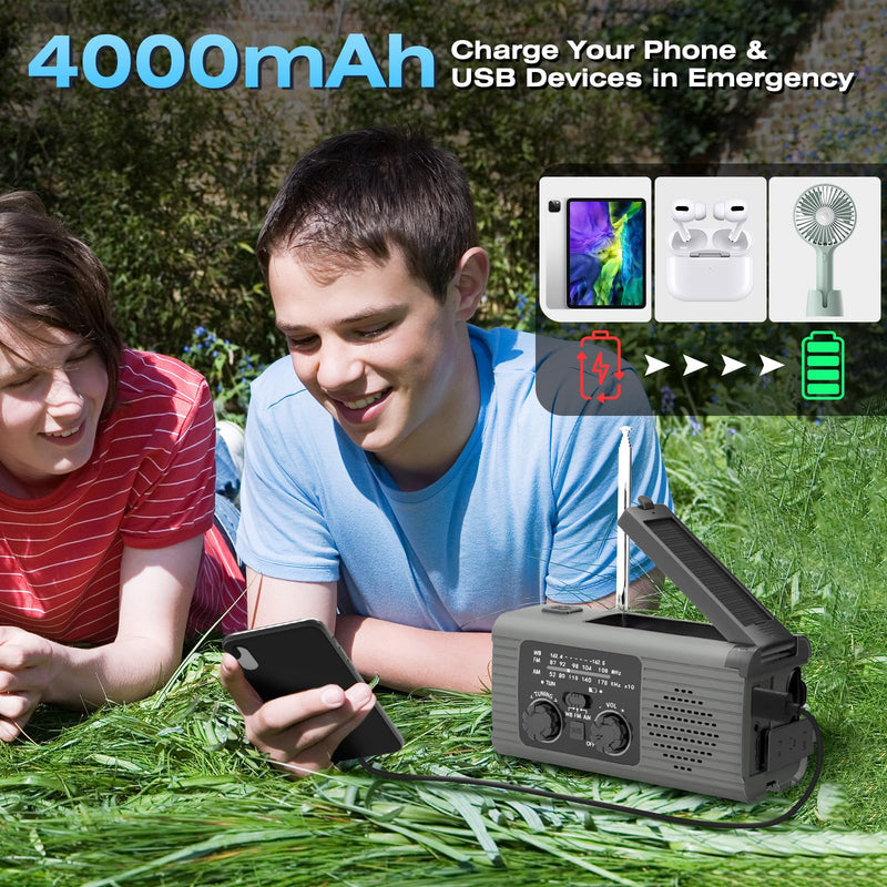 [Australia - AusPower] - Nitigo Emergency Radio 4000mAh Solar Hand Crank AM/FM/NOAA Portable Weather Radio with Phone Charger, LED Flashlight, Reading Lamp, SOS Alarm, Headphone Jack for Indoor Outdoor Emergency, USB Charged Gray 