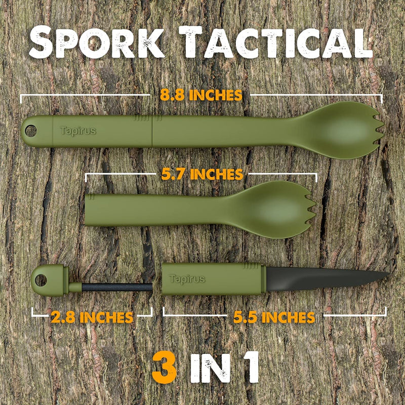 [Australia - AusPower] - Tapirus Spork Tactical Green | BPA Free Spoon Fork, Stainless Steel Knife and Fire Starter | 3 in 1 multipurpose utensil | Take it hiking, camping or backpacking | Carrying case for outdoor activities 